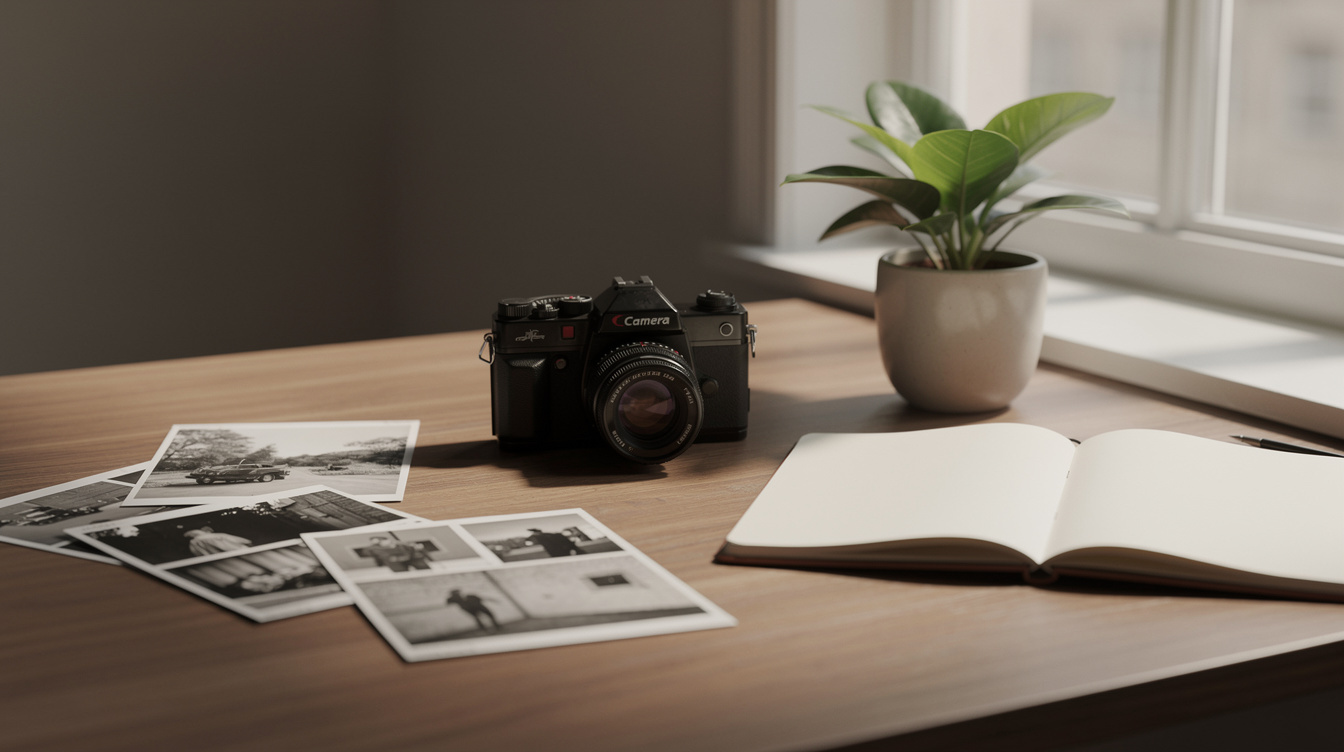 Editorial photography studio desk with camera and contact prints