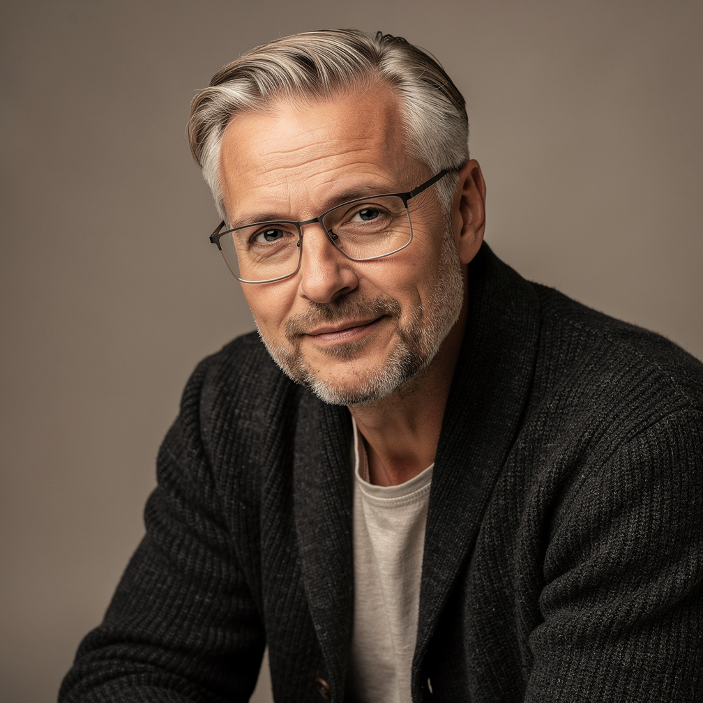 Portrait of a Danish male photo editor with glasses