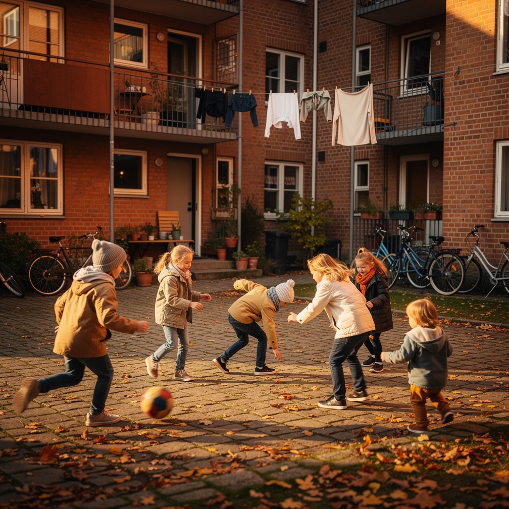 Children playing in a courtyard in a Danish residential neighbourhood